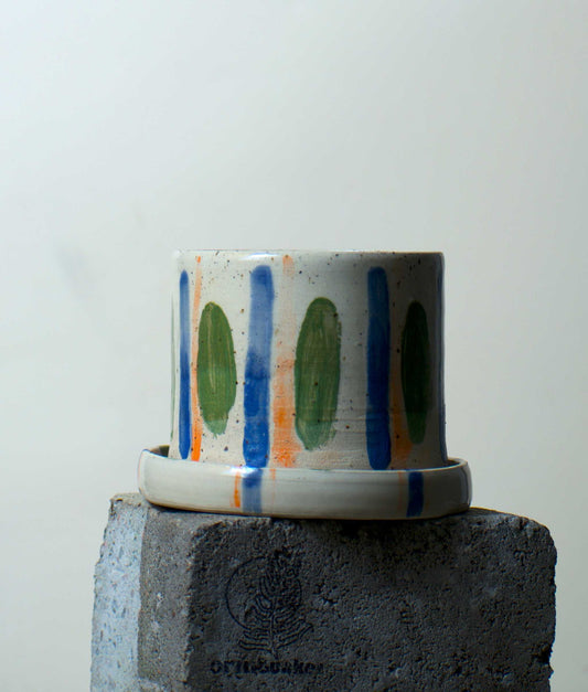 Ceramic pot with saucer | Stripes | Stoneware clay